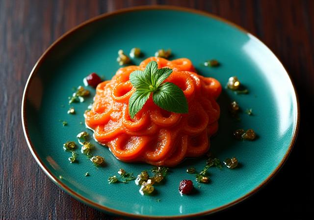 Un piatto gourmet di alta cucina italiana presentato con stile Art Deco